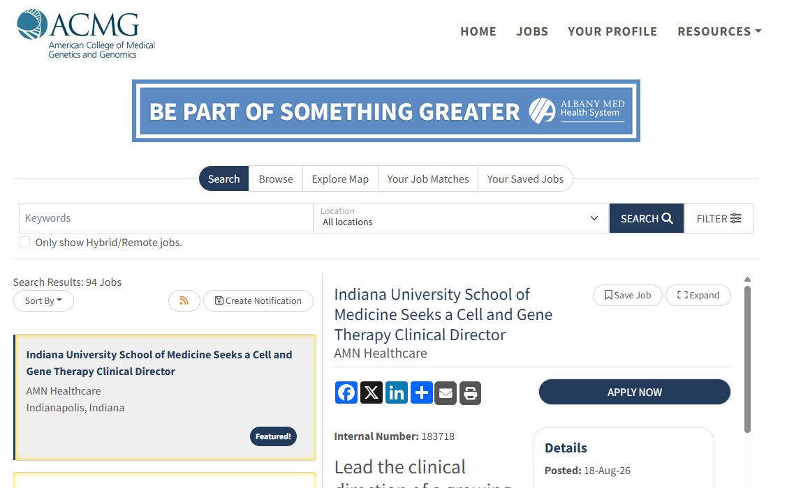 Screenshot of ACMG Career Center